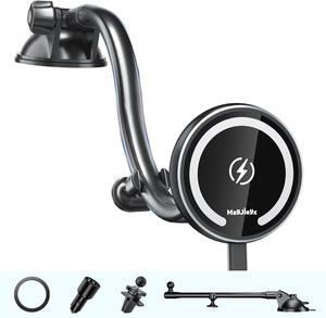 Fits Magsafe Car Mount Wireless Charger, Gooseneck Long Arm Suction Cup,Dashboard/Vent/Windshield for iPhone 16/15/14/13/12 Series/MagSafe Case/with Fast Charging[18W QC 3.0Adapter]