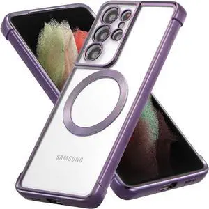 RALEAVO Magnetic Case for Samsung Galaxy S21 Ultra Clear Case Cover [Compatible with Magsafe & Military Grade Drop Protection] Transparent Shockproof Slim Plated Phone Case - Purple