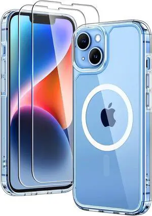 TAURI 3 in 1 Magnetic for iPhone 13 Case, [Compatible with MagSafe] [with 2X Screen Protectors] Not-Yellowing, Military-Grade Protection Slim Phone Case for 13 Cover, Clear, 6.1"