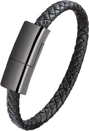 GVUSMIL USB Leather Charging Braided Bracelets for iPhone, Hematite Metal and Black Leather