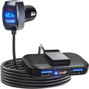 LENCENT 5 Multi Ports Type C Car Charger, 31W USB C Charger Adapter, Compatible for Samsung, iPhone, iPad, Voltage Detection, Multiple Cigarette Lighter Adapter with 5FT Cable for Back Seat Charging