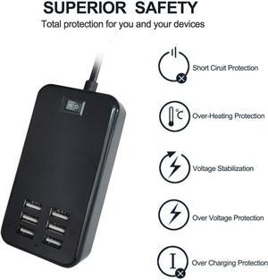 WGT USB Charging Station 6-Port Desktop USB Charger Port Suitable for Smart Phones, All Charging Devices with SBU, Multi-Port Wall Charger with Switch (Black) (zetx06b)