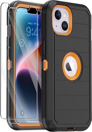 Annymall for iPhone 14 Case with 2 Screen Protector,Full Body Shockproof Drop Protection Dust Proof Heavy Duty 3-Layer Rugged Durable Military Grade Cover for Apple iPhone 14 6.1" (Black/Oranger)