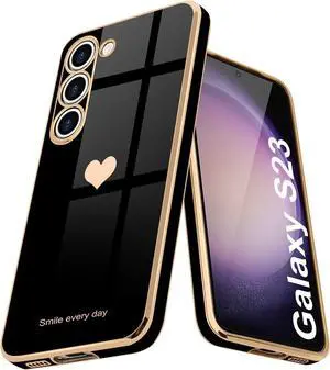 Teageo for Samsung Galaxy S23 Case for Women Girl Cute Love-Heart Luxury Bling Soft Back Cover Raised Full Camera Protection Bumper Silicone Shockproof Phone Case for Galaxy S23 5G, Black
