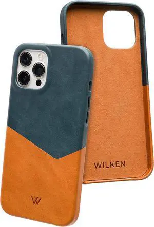 Wilken Leather Wrapped Case Compatible with iPhone 12/12 Pro | Compatible with MagSafe and Wireless Charging | Top Grain Leather | Custom Metal Button Controls (12/12 Pro, Tan/Blue)