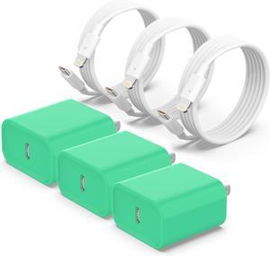 [MFi Certified] 3 Pack for iPhone 14 13 Fast Charger, 20W PD USB C Wall Charger Adapter with 3 Pack 6FT Type C to Lightning Cable Compatible for iPhone 14 13 12 11 Pro Max XR XS X,iPad Green