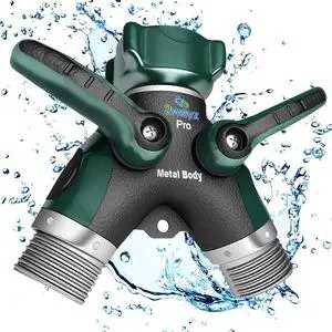 2WAYZ Hose Splitter 2 Way Heavy Duty Outdoor Faucet and Garden Connector - Water Spigot Splitter - Durable All-Metal Y Adapter with Shut-Off Valve - 4 x 4 x 1.5 Inches