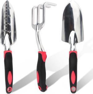 Garden Tool Set, 3PCS Heavy Duty Aluminum Gardening Tools with Soft Non-Slip Ergonomic Handle, Including Hand Trowel, Transplant Trowel and Cultivator Hand Rake for Planting, Digging, Weeding
