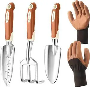 Garden Tool Set, 4 Pieces Heavy Duty Gardening Hand Tool Kit Aluminum for Women Men Planting Including Hand Shovel, Transplant Shovel and Hand Rake with Non Slip Rubber Handle and Gloves