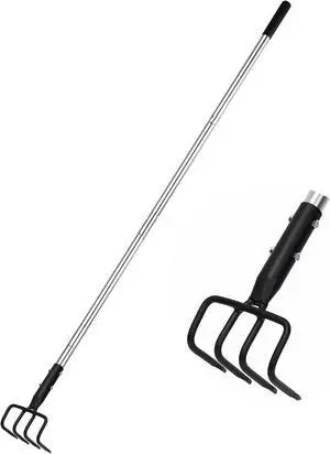 Long Hand Cultivator, Carbon Steel & Stainless Steel Tiller Cultivator, Garden Cultivator with Telescopic Handle and Soft Handle Cover, Hand Tiller for Digging Loosening Weeding