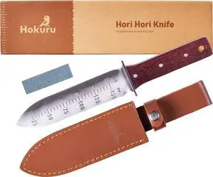 Hori Hori Knife - Landscaping, Digging, Weeding, Cutting, Planting Gardening Tool With Leather Sheath, Stainless Steel Blade and Sharpening Stone