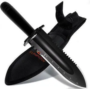 SUNPOW Metal Detector Shovel Digging Tools - Heavy Duty Double Serrated Edge Digger Shovel Knife - Garden Digging Tools with Carrying Sheath - Metal Detector Accessories