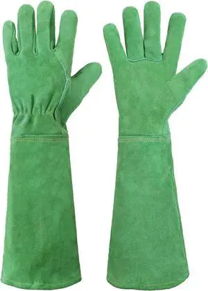 HANDLANDY Ladies Leather Gardening Gloves, Thorn Proof Long Gauntlet Heavy Duty Garden Gloves, Elbow Length Women Rose Pruning Gloves (Medium, Green)