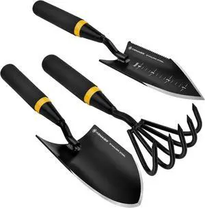 Heavy Duty Stainless Steel Garden Tool Set - Thoughtfully Crafted for Outdoor Patio Use, Perfect Both Men and Women. Includes Gardening Trowel, Transplanting Shovel, Hand Cultivators black