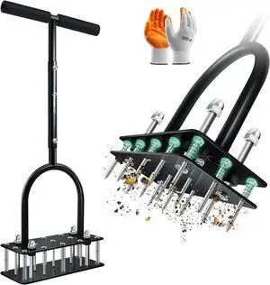 Lawn Aerator Tool, Manual Metal Spike Aerator Lawn Tool with Spring Base, Automatic Leaf and Dirt Cleaning, Grass Aerator for Lawn Care, Soil Loosening, Yard Aerating, Garden Tool