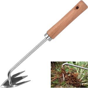 Stainless Steel Multifunctional Weeder, Weeder Puller Stand Up, Hand Weeder Tool for Gardening with Handle, V-Shaped Light Duty Hand Weeder for Garden Yard Farm Weed Removal (Wood)