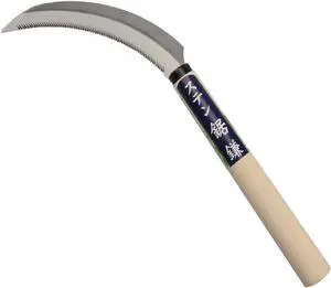 KEYI Grass Sickle, Hand held Sickle Tool with Wooden Handle, Light Serration, 6.5-Inch Stainless Steel Blade
