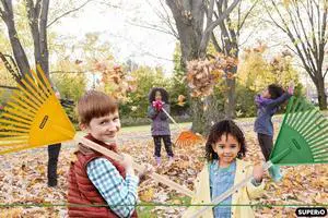 Superio Kids Rake with Hardwood Handle, Gardening and Lawn Care Tools for Kids, Sweep Leaves and Tidying Up The Garden, Plastic Tines and Heavy Duty Wooden Handle 34"