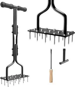 Lawn Aerator Spike Manual Tool with 15 Iron Spikes, Garden Grass Aeration Tools Hand Air Aerator & Clean Tool for Aerating Lawns & Yard Care, Loosening Soil, 36