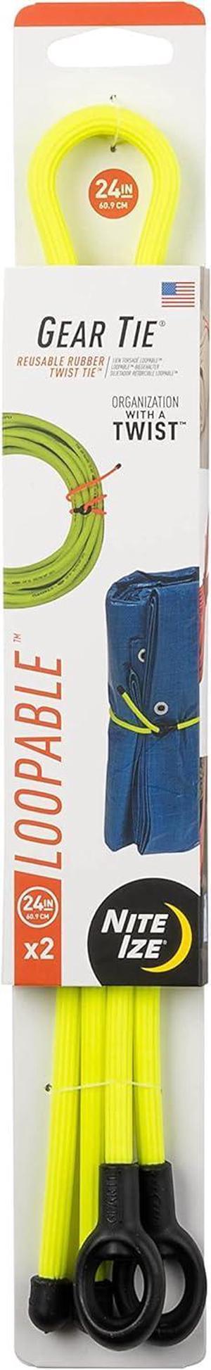 Nite IZE Gear Tie Loopable, The Original Reusable Rubber Twist Tie with Sturdy Integrated Loop, 24 Inch, Neon Yellow, 2-Pack, Made in The USA