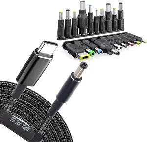 USB C to DC Adapters 19 Set Power Plug Kit - Universal Charger Supply Cable Braided PD Cord & 5.5x2.1mm Round Barrel Jack for MSI Acer Asus Thinkpad IBM Lenovo Dell HP Laptop Charging Connector Tips