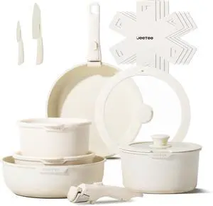 JEETEE Pots and Pans Set Non Stick 17pcs, Kitchen Cookware Sets with Detachable Handle, Induction Nonstick Cookware Set with Removable Handle, Stackable RV Cookware, Oven Safe, PFAS/PFOA Free, Beige JEETEE Pots and Pans Set Non Stick 17pcs, Kitchen Cookware Sets with Detachable Handle, Induction Nonstick Cookware Set with Removable Handle, Stackable RV Cookware, Oven Safe, PFAS/PFOA Free, Beige
