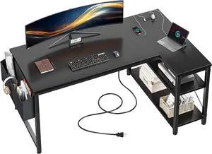 EnHomee 48" Computer Desk with Power Outlets,L Shaped Desk with Storage Shelves,Home Offic Corner Desk for Work,Writing Study Desk with Gaming Desk for Bedroom Office Dorm,Black