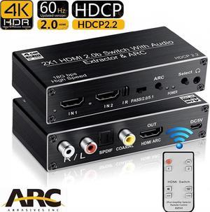 HDMI Switch Audio Extractor,AUBEAMTO HDMI Switch Splitter 2 Inputs 1 Output with Remote 4K@60hz, 2-Port HDMI2.0b Switcher Box with Optical Toslink SPDIF+Coaxial+Analog RCA Stereo Audio Out