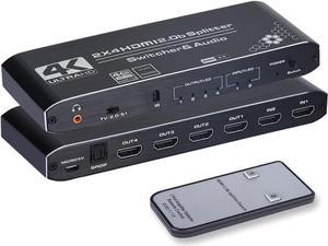 4K HDMI Splitter 2x4,AUBEAMTO HDMI Switch 2 in 4 Out Switcher Box with Audio Extractor and IR Remote Control, Support Ultra 4K HDR,4Kx2K@60Hz, 3D, 1080P,HDMI 2.0b, HDCP 2.2