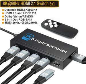 Vilcome HDMI 2.1 Switch, 4K 120Hz HDMI Switcher Ultra HD 8K HDMI Splitter 2  in 1 Out 48Gbps HDMI Hub Support HDR 8K@60Hz, 4K@144Hz, 2K@240Hz for
