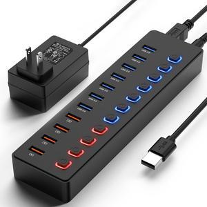 Powered USB 3.0 Hub, AUBEAMTO 11-Port USB Hub Splitter (7 Faster Data Transfer Ports+ 4 Smart Charging Ports) with Individual LED On/Off Switches, USB Hub 3.0 Powered with Power Adapter for Mac, PC