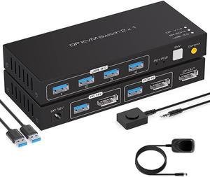 2 Port Displayport KVM Switch Support 8K60Hz 4K120Hz, USB 3.0 DP1.4 KVM Switch for 2 Computers Share 1 Monitor with 4 Port USB 3.0 Hub Includes Desktop Control and 2xUSB Cables