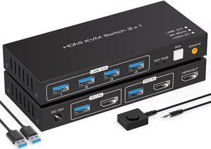 2 Port HDMI KVM Switch Support 8K60Hz 4K120Hz, USB 3.0 HDMI2.1 KVM Switch for 2 Computers Share 1 Monitor with 4 Port USB 3.0 Hub Includes Desktop Control and 2xUSB Cables