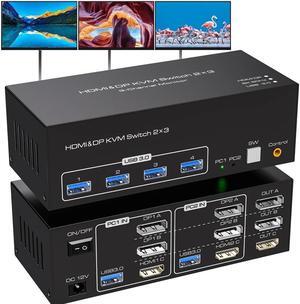 AUBEAMTO 8K@60Hz Triple Monitor, HDMI+2*Displayport KVM Switch 3 Monitors 2 Computers 4K@120Hz USB 3.0 DP HDMI KVM Swtiches  2 Port for 2 PC Share 1 Set of Keyboard Mouse Printer Hard Disk Etc