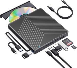 AUBEAMTO External CD DVD Drive, Ultra Slim CD Burner USB 3.0 with 4 USB Ports and 2 TF/SD Card Slots, Optical Disk Drive for Laptop Mac, PC Windows 11/10/8/7 Linux OS