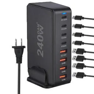 AUBEAMTO 8 Port USB C Charger 240W PD 3.0 QC3.0 USB C Desk Charger Portable Adapter Charging Station Hub Compatible with iPhone 15/14/13/13 Pro Max/MacBook/iPad Pro/Galaxy