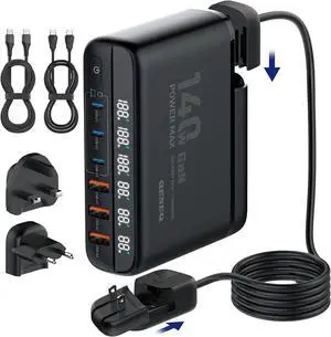 AUBEAMTO 140W GaN USB C Quick Charge QC3.0 PD 3.0 TypeC 6 Port Supercharge Plug For iPad iPhone Samsung Xiaomi Universal Fast Charger - Black