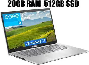 ASUS Vivobook 14 Laptop, 14" HD Display, 11th Gen Intel Core i3-1115G4 2 cores Processor, Intel UHD Graphics, WiFi 5 - Wireless-AC + Bluetooth, 20GB DDR4  512GB PCIe SSD, Windows 11