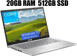ASUS Vivobook 14 Laptop, 14" HD Display, 11th Gen Intel Core i3-1115G4 2 cores Processor, Intel UHD Graphics, WiFi 5 - Wireless-AC + Bluetooth, 20GB DDR4  512GB PCIe SSD, Windows 11 Pro