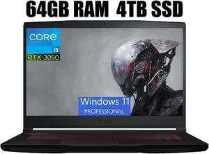 MSI GF63 Thin 15 Gaming Laptop, 15.6" FHD 144Hz, Intel Core i5-11400H 6 Cores Processors, GeForce RTX 3050 4 GB GDDR6, Wi-Fi 6 + Bluetooth, 64GB DDR4 4TB PCIe SSD, Windows 11 Pro MSI GF63 Thin 15 Gaming Laptop, 15.6" FHD 144Hz, Intel Core i5-11400H 6 Cores Processors, GeForce RTX 3050 4 GB GDDR6, Wi-Fi 6 + Bluetooth, 64GB DDR4 4TB PCIe SSD, Windows 11 Pro