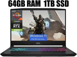 MSI Katana A15 AI Gaming Laptop, 15.6" FHD 144Hz Display, AMD Ryzen 7 8845HS Octa-core Processor, NVIDIA GeForce RTX 4060 8GB Graphic, RGB Backlit, 64GB DDR5  1TB PCIe SSD, Windows 11 Pro