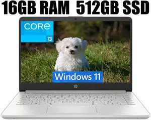HP 14 Laptop, 14" Full HD Display, Intel Core i3-1115G4 Dual-Core Processor, Intel UHD Graphics, Webcam, WiFi, Bluetooth, 16GB DDR4  512GB PCIe SSD, Windows 11