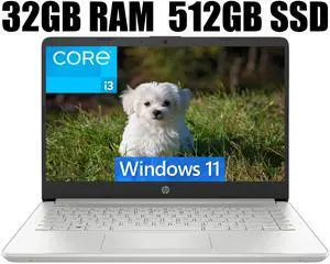 HP 14 Laptop, 14" Full HD Display, Intel Core i3-1115G4 Dual-Core Processor, Intel UHD Graphics, Webcam, WiFi, Bluetooth, 32GB DDR4  512GB PCIe SSD, Windows 11