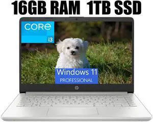 HP 14 Laptop, 14" Full HD Display, Intel Core i3-1115G4 Dual-Core Processor, Intel UHD Graphics, Webcam, WiFi, Bluetooth, 16GB DDR4  1TB PCIe SSD, Windows 11 Pro