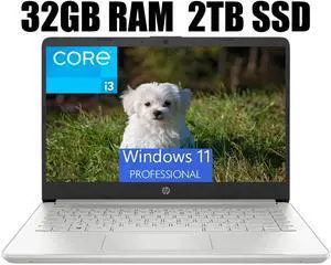 HP 14 Laptop, 14" Full HD Display, Intel Core i3-1115G4 Dual-Core Processor, Intel UHD Graphics, Webcam, WiFi, Bluetooth, 32GB DDR4  2TB PCIe SSD, Windows 11 Pro