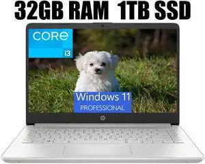 HP 14 Laptop, 14" Full HD Display, Intel Core i3-1115G4 Dual-Core Processor, Intel UHD Graphics, Webcam, WiFi, Bluetooth, 32GB DDR4  1TB PCIe SSD, Windows 11 Pro
