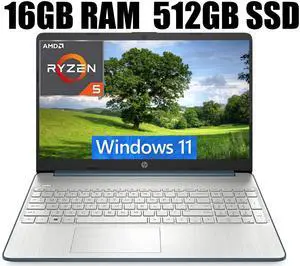 HP 15 Laptop, 15.6" FHD (1920 x 1080) Display, AMD Ryzen 5 5500U 6 Cores Processor, AMD Radeon Graphics, Webcam, SD Card Reader, HDMI, Bluetooth, Wi-Fi, 16GB DDR4  512GB PCIe SSD, Windows 11