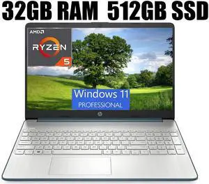 HP 15 Laptop, 15.6" FHD (1920 x 1080) Display, AMD Ryzen 5 5500U 6 Cores Processor, AMD Radeon Graphics, Webcam, SD Card Reader, HDMI, Bluetooth, Wi-Fi, 32GB DDR4  512GB PCIe SSD, Windows 11 Pro