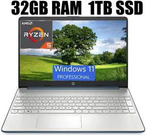 HP 15 Laptop, 15.6" FHD (1920 x 1080) Display, AMD Ryzen 5 5500U 6 Cores Processor, AMD Radeon Graphics, Webcam, SD Card Reader, HDMI, Bluetooth, Wi-Fi, 32GB DDR4  1TB PCIe SSD, Windows 11 Pro