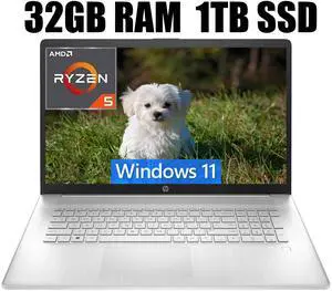 HP 17 Laptop, 17.3" FHD (1920 x 1080) Display, AMD Ryzen 5 5500U 6 Cores Processor, AMD Radeon Graphics, Webcam, HDMI, Wi-Fi, 32GB DDR4  1TB PCIe SSD, Windows 11